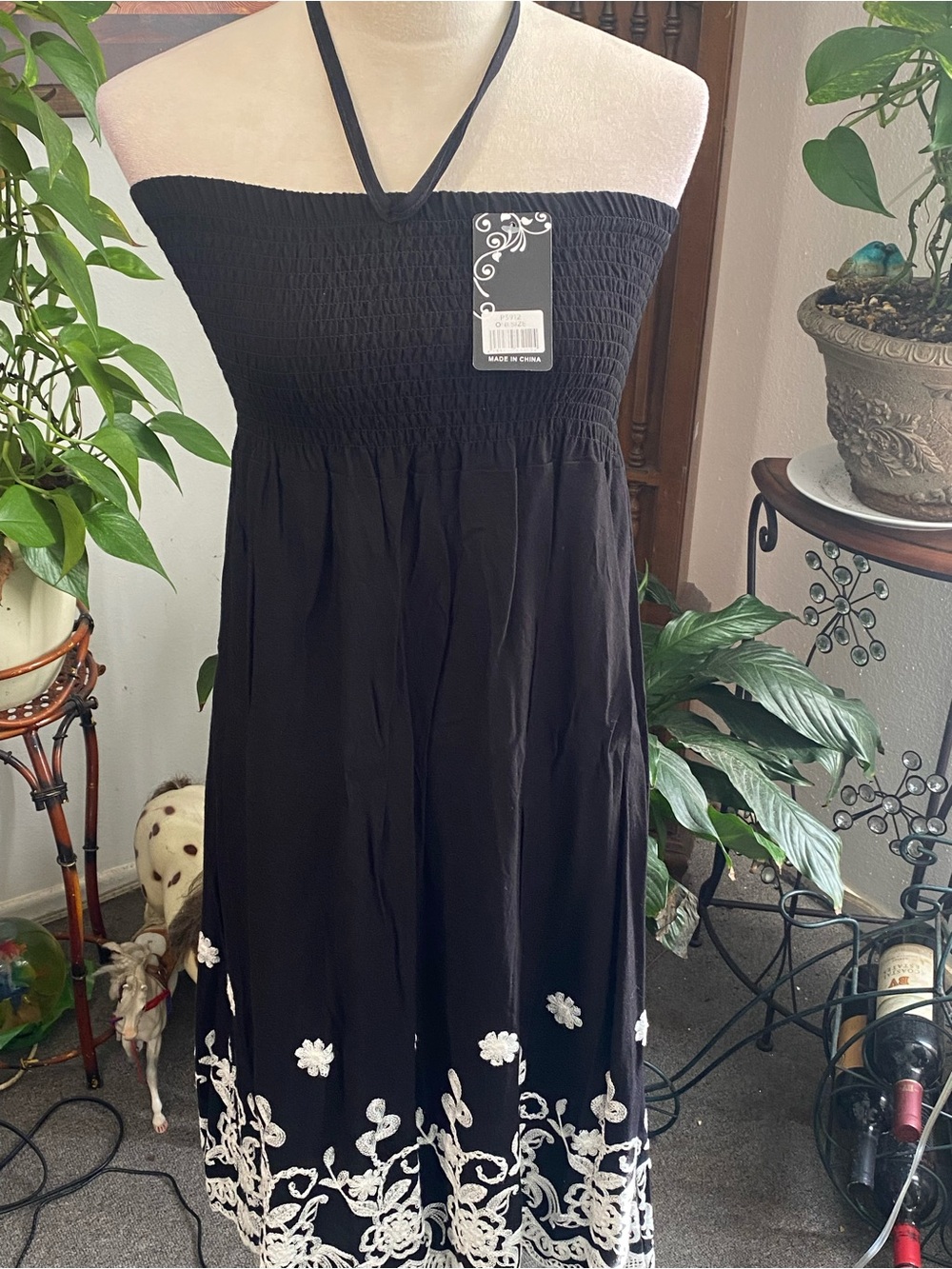 Strapless Black Maxi Dress with White Embroidered Hem
